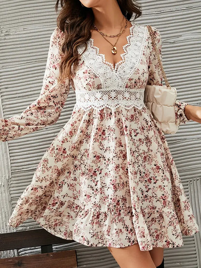 Marika | Marika | Elegant Lace-Trim V-Neck Floral Print Dress