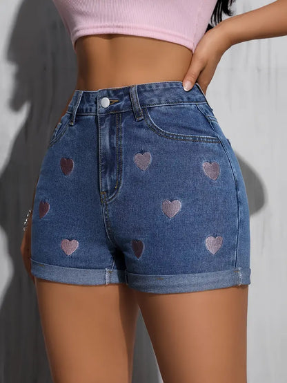 Laila | Mühelos schicke High-Waisted Denim-Shorts mit gestickten Herzen