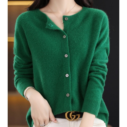Damen Strickjacke mit O-Ausschnitt aus reiner Merinowoll