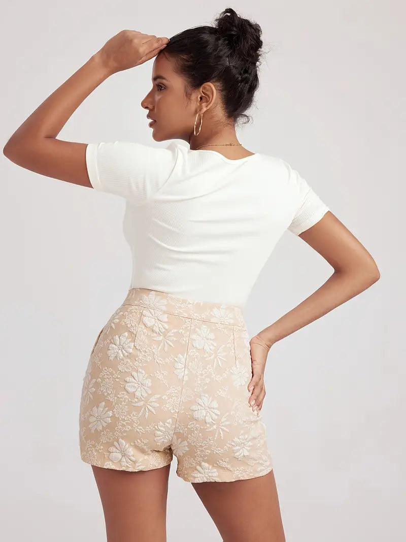 Daryna | Feminine elegante Floral Jacquard Casual Shorts mit Taschen