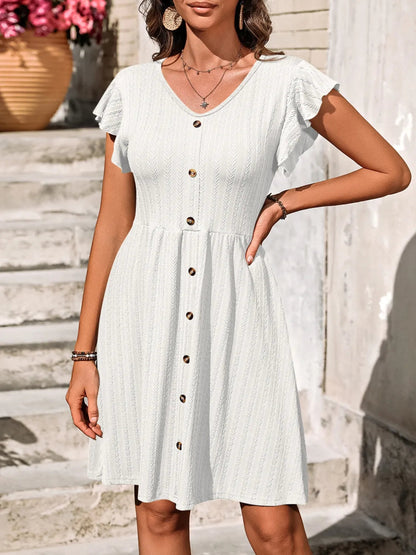 Marina - Elegantes Langarmkleid mit Rüschenärmeln und Knopfleiste