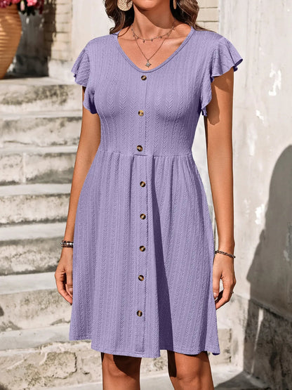 Marina - Elegantes Langarmkleid mit Rüschenärmeln und Knopfleiste