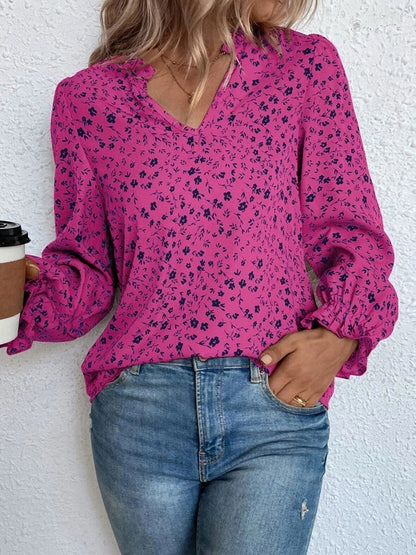 Valeria - Elegante Blumenbluse mit Volants, V-Ausschnitt und langen Ärmeln