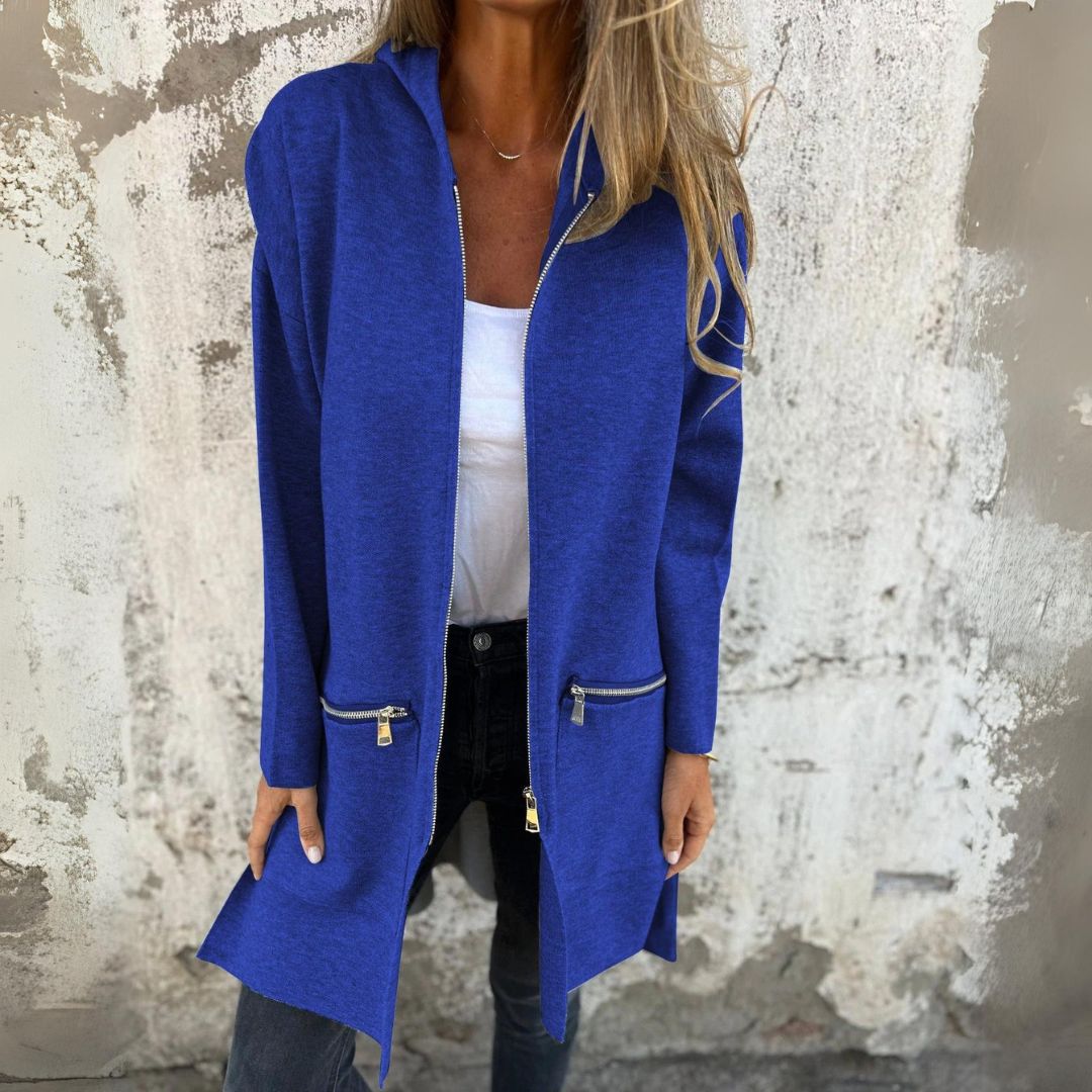 Adelle - Langer, warmer Mantel mit Reißverschluss und Kapuze