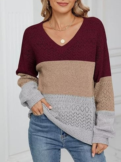 Hannela - Eleganter V-Ausschnitt-Pullover mit Streifen und Lochstrick