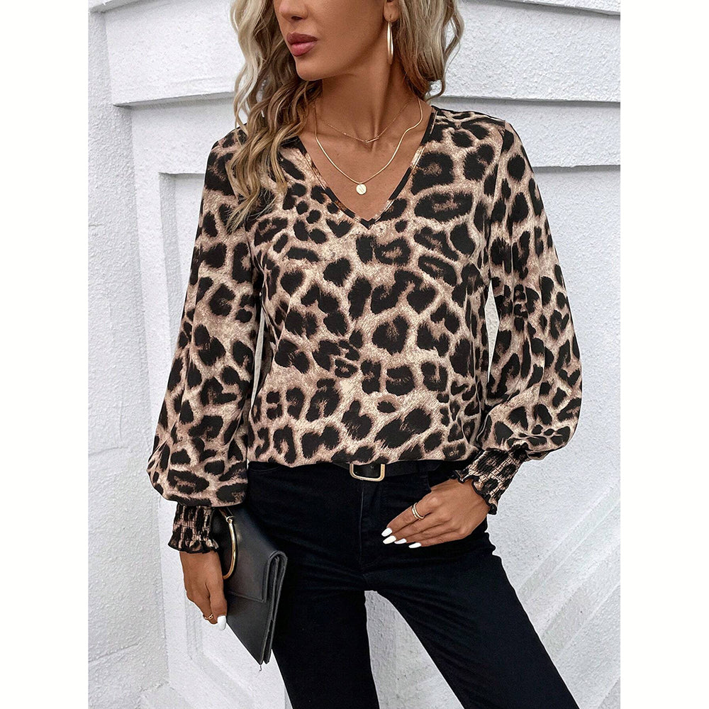 Claire |  Damenblusen Herbst Winter einfache Passform schlank Leopard lange Ärmel