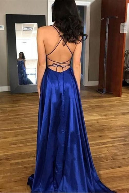 Roselyn | Königsblaues Abendkleid mit Spaghetti-Trägern und Schlitz