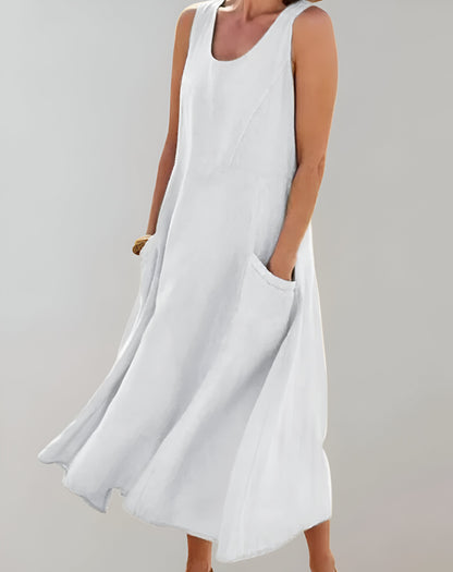 Camila - Locker sitzendes, ärmelloses Midikleid aus Baumwolle mit U-Ausschnitt und Taschendetails