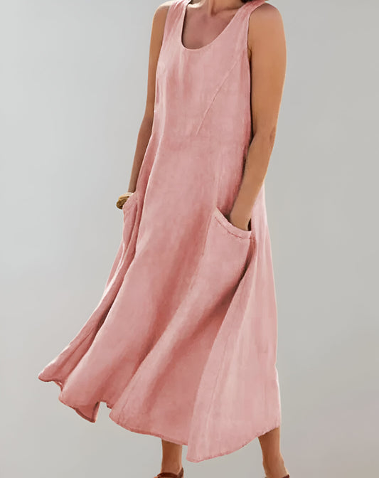 Camila - Locker sitzendes, ärmelloses Midikleid aus Baumwolle mit U-Ausschnitt und Taschendetails