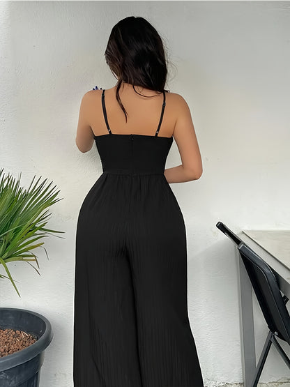 Anoushka | Elegante Spitze Schwarz V-Ausschnitt Bodycon Taille Weites Bein Hose