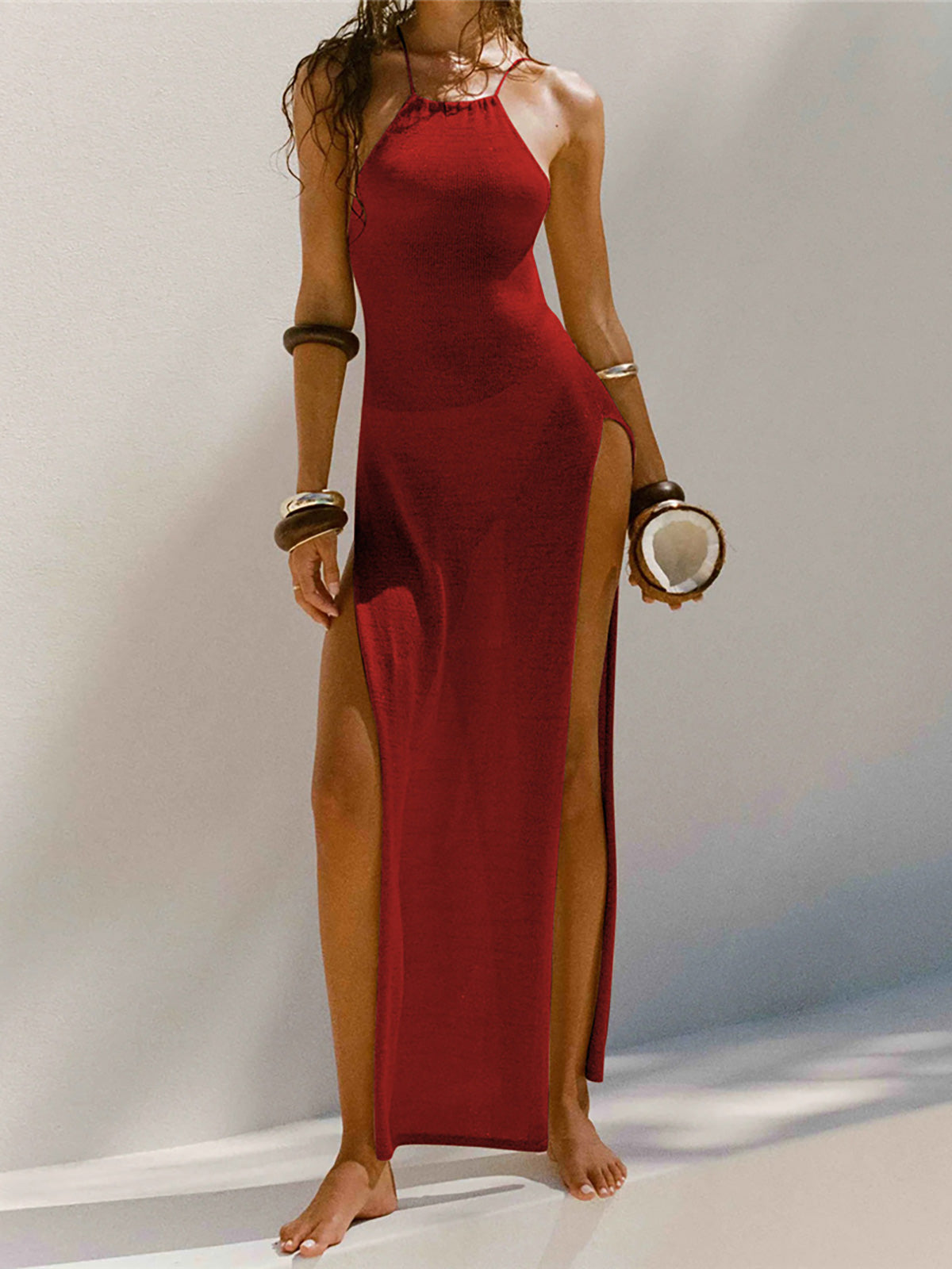 Callie | Hochgeschlitztes gehäkeltes gestricktes langes Maxikleid für Partys