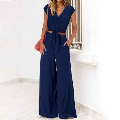 Analise - Elegantes Set mit V-Ausschnitt-Top, Schleife und High-Waist-Weitbein-Hose