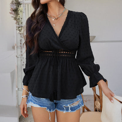 Alessia - Elegante Bluse mit V-Ausschnitt, Puffärmeln und Spitzenbesatz an der Taille