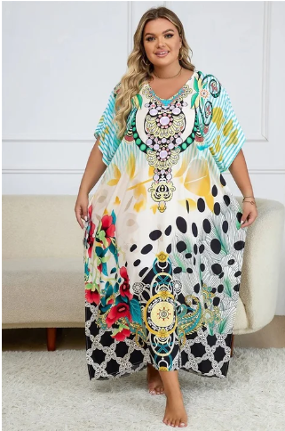 Avery | Mehrfarbiges lockeres Boho-Kleid mit V-Ausschnitt