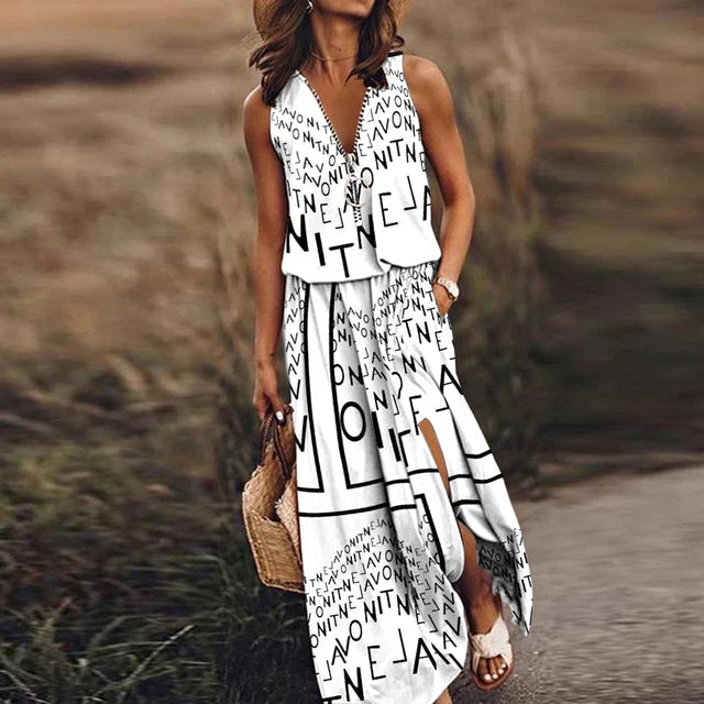 Esther |  Modisches ärmelloses Kleid mit Buchstabendruck