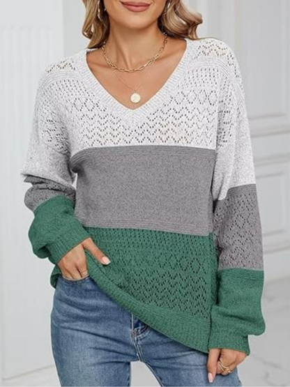 Hannela - Eleganter V-Ausschnitt-Pullover mit Streifen und Lochstrick