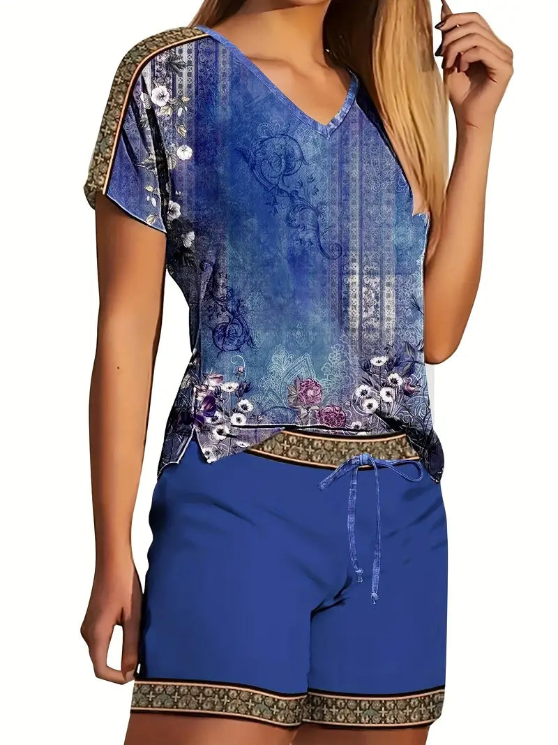 Natalia | Frühling/Sommer V-Ausschnitt Bohemian Print Kurzarm-Top