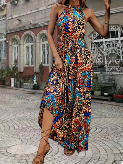 Isabelle | Ethnic Floral Print Boho ärmelloses Kleid mit Gürtel