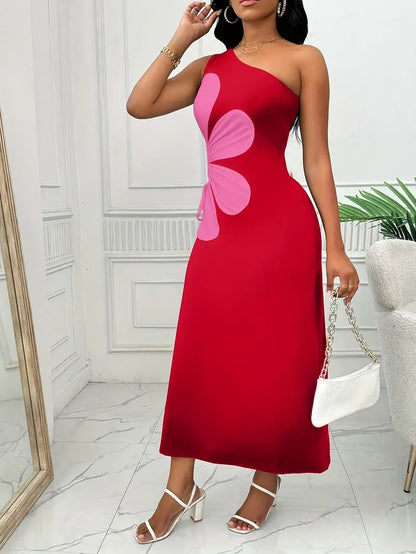 Maggie | Mode Damen Rotes Kleid mit einer Schulter und Rosa Blumendruck, ärmellos