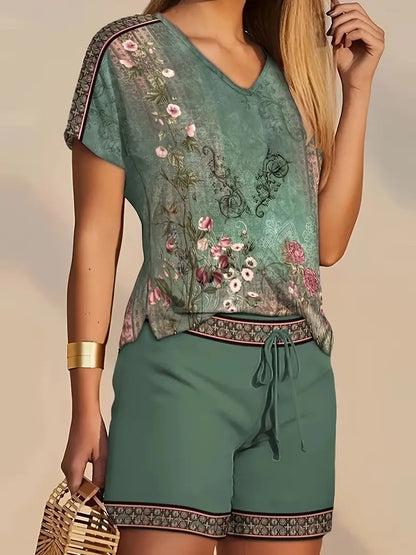 Natalia | Frühling/Sommer V-Ausschnitt Bohemian Print Kurzarm-Top