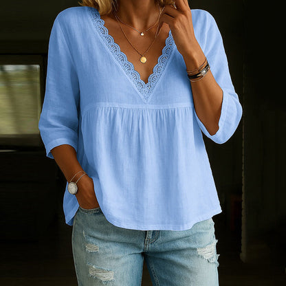 Angel - Elegante Spitzenbluse mit V-Ausschnitt und 3/4-Ärmeln