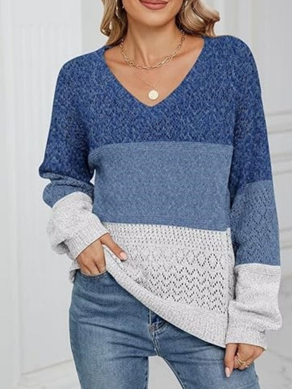 Hannela - Eleganter V-Ausschnitt-Pullover mit Streifen und Lochstrick