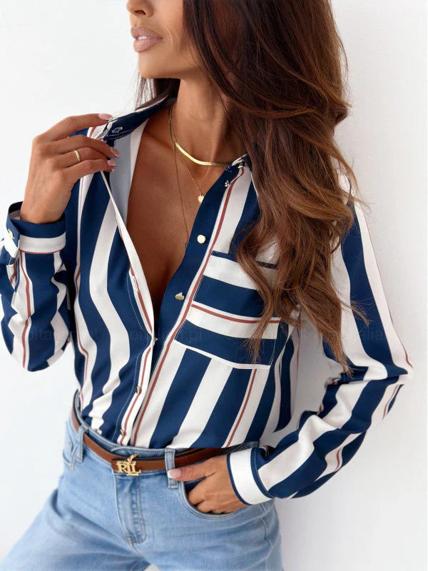 Zainab - Elegante gestreifte Polo-Bluse mit Knöpfen und langen Ärmeln