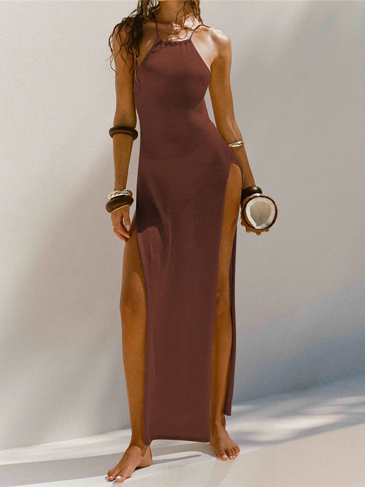 Callie | Hochgeschlitztes gehäkeltes gestricktes langes Maxikleid für Partys