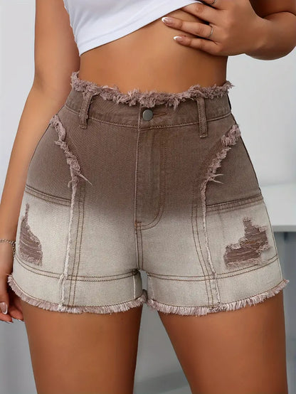Romina | Ombre Gewaschene High-Rise Distressed Denim Shorts mit Rohkante