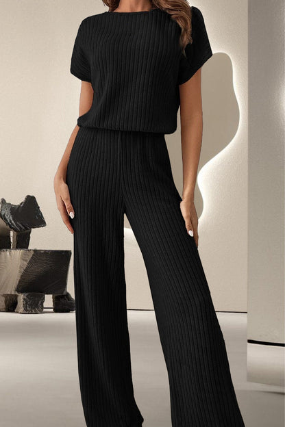Lucille - Casual-Jumpsuit mit kurzen Ärmeln und geripptem Rundhalsausschnitt