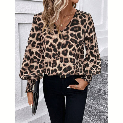 Claire |  Damenblusen Herbst Winter einfache Passform schlank Leopard lange Ärmel